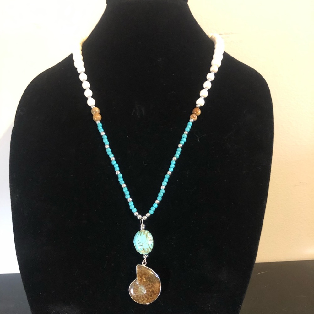 Ammonite fossil pendant with turquoise, jasper and agate beads